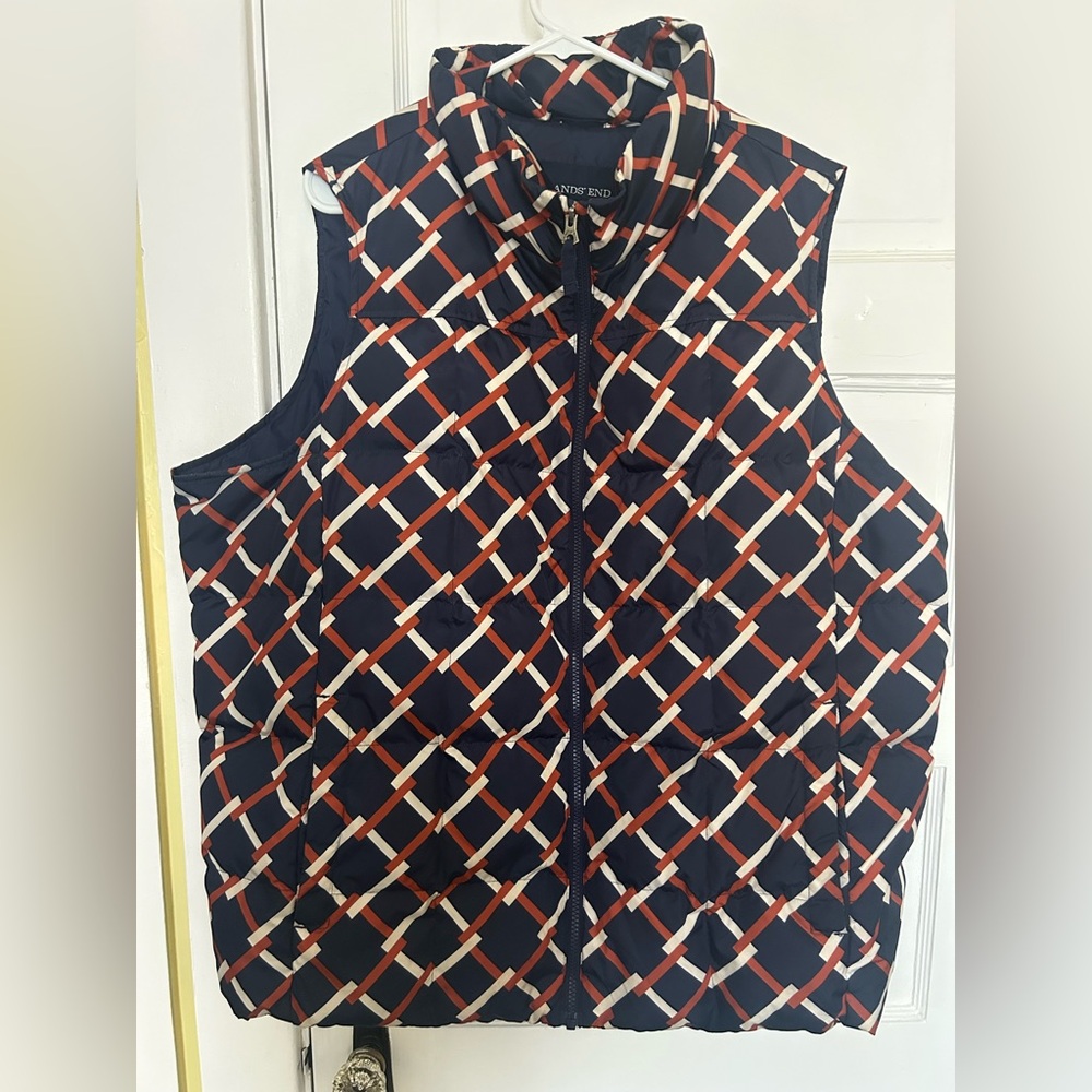 Lands End Womens Down Puffer Zip Vest Blue Orange Geometric Link Print size 2X